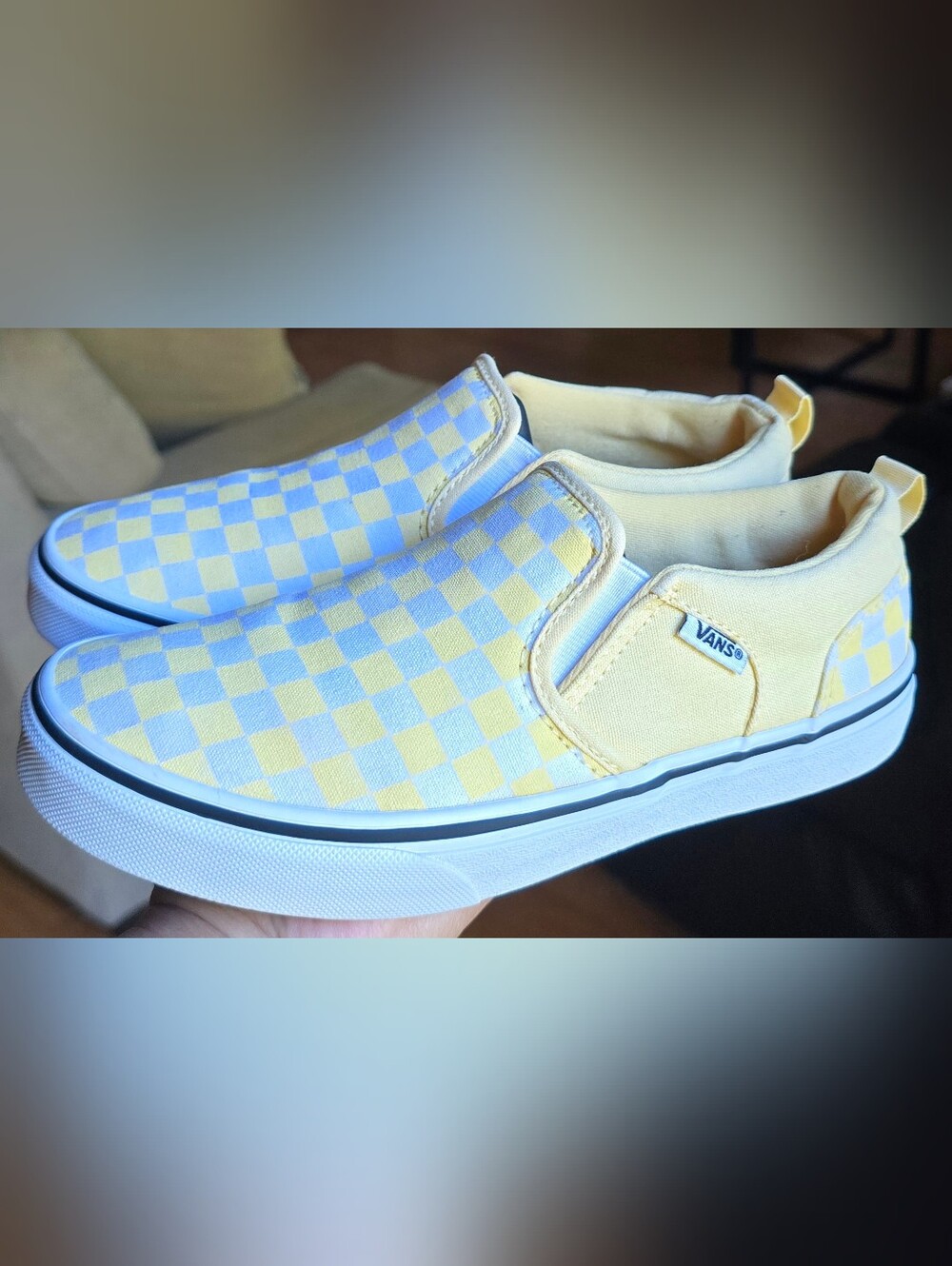 Big Girl's Sz 4.0 VANS CLASSIC CHECKERBOARD Yellow/White Slip-on Shoes